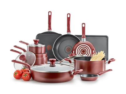 T-fal Essentials Nonstick Aluminum 20 Piece Cookware Set & Cooking Utensils,  Red –