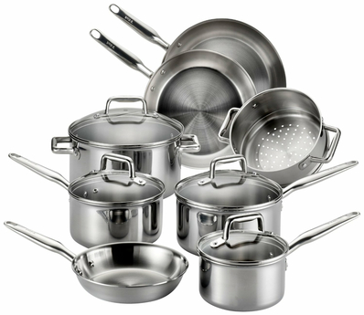 Details about   Cookware Set Stainless Steel Gourmet Tempered Glass 12 Piece Tri-Ply Base